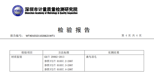 深圳市計量院生物化驗：確保附著物為天然羽毛.png